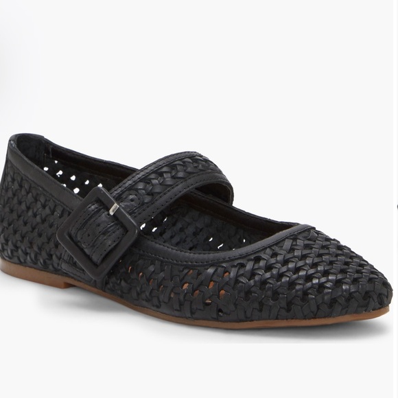 Lucky Black Leather Woven Mary Jane Flats